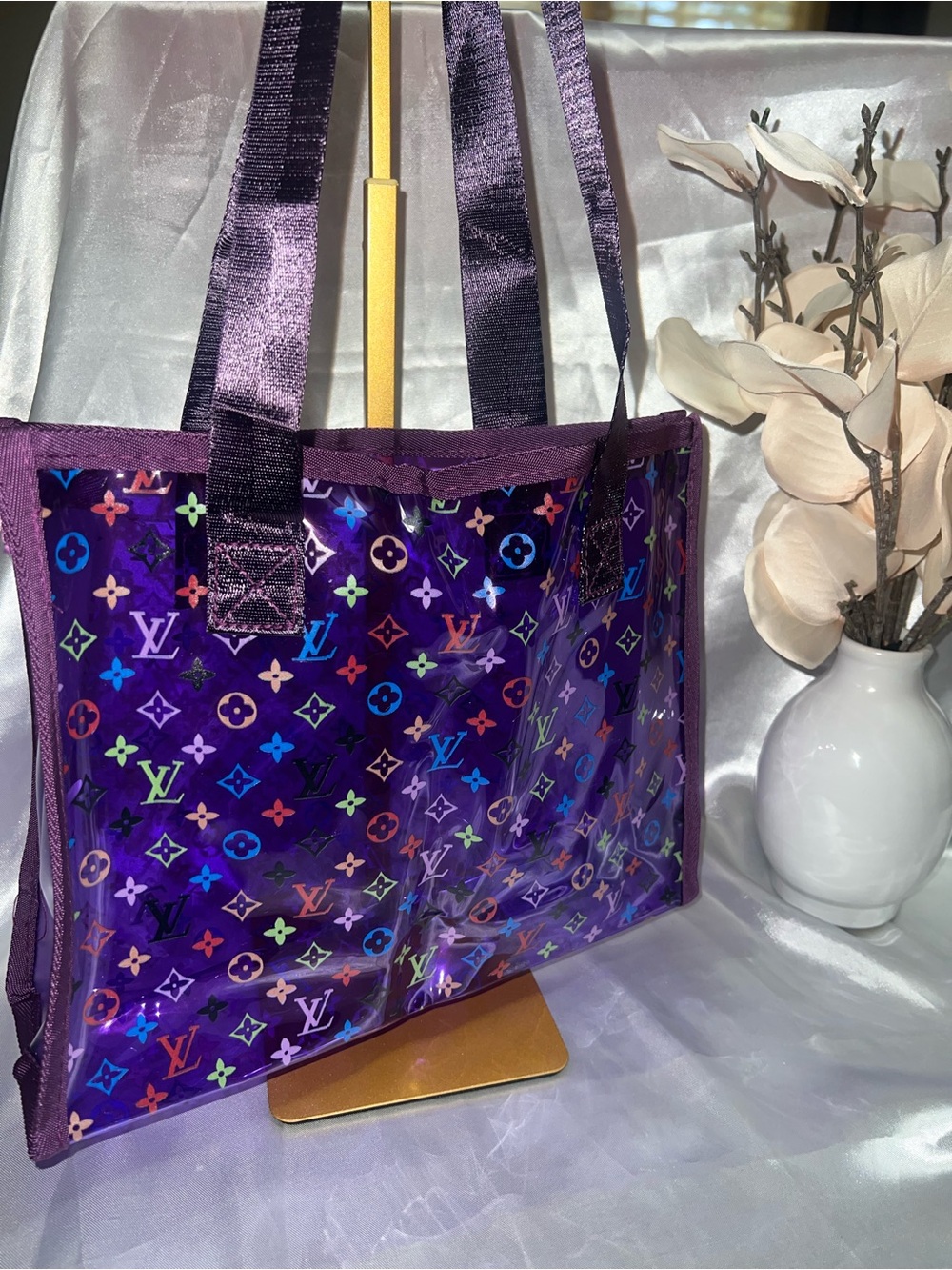 Designer-Inspired Purple Clear Tote with Multicolor Monogram Print
